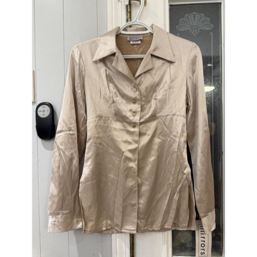 Mirrors Champagne Gold Satin Long Sleeve Empire Waist Blouse C1818 Small NEW